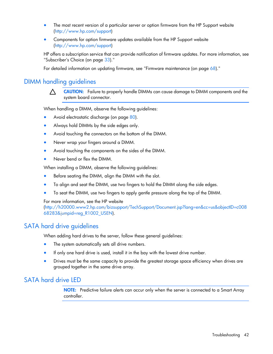 Dimm handling guidelines, Sata hard drive guidelines, Sata hard drive led | HP ProLiant MicroServer User Manual | Page 42 / 94