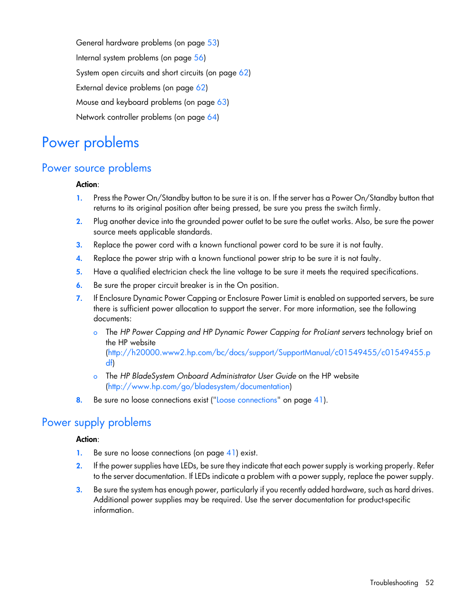 Power problems, Power source problems, Power supply problems | HP ProLiant MicroServer User Manual | Page 52 / 94