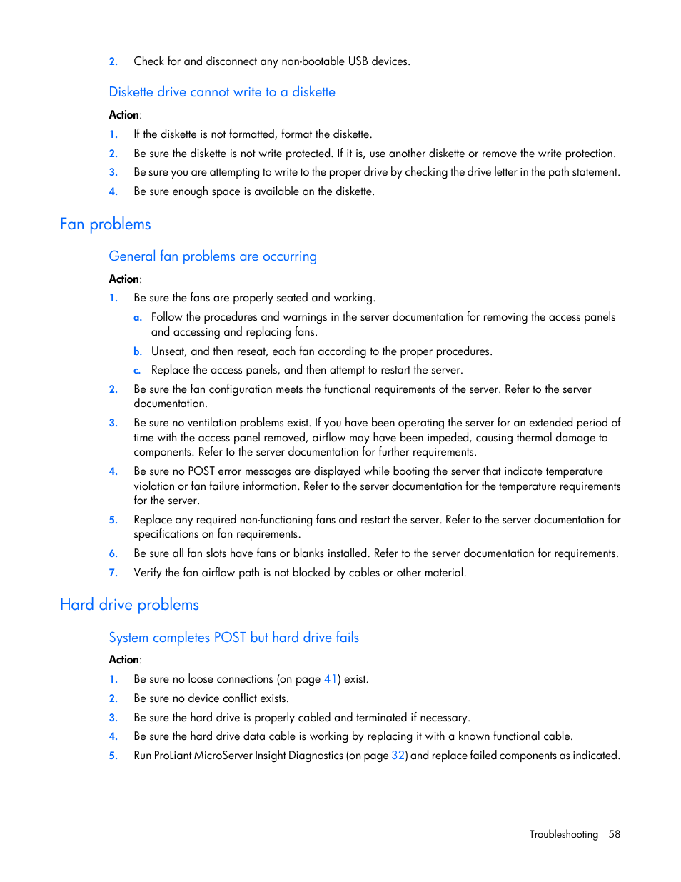 Diskette drive cannot write to a diskette, Fan problems, General fan problems are occurring | Hard drive problems, System completes post but hard drive fails | HP ProLiant MicroServer User Manual | Page 58 / 94