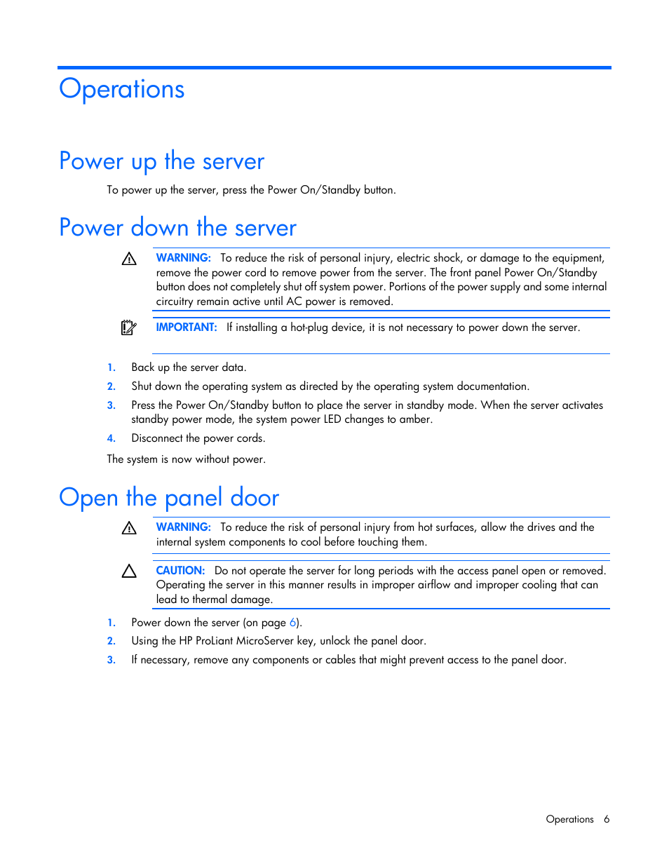 Operations, Power up the server, Power down the server | Open the panel door | HP ProLiant MicroServer User Manual | Page 6 / 94