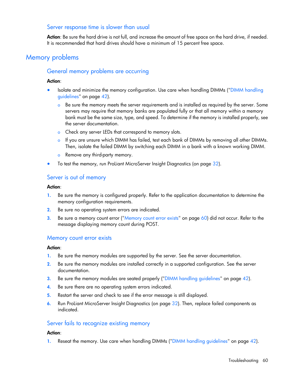 Server response time is slower than usual, Memory problems, General memory problems are occurring | Server is out of memory, Memory count error exists, Server fails to recognize existing memory | HP ProLiant MicroServer User Manual | Page 60 / 94