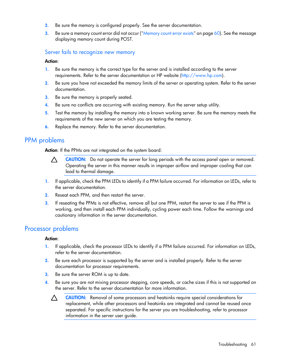 Server fails to recognize new memory, Ppm problems, Processor problems | HP ProLiant MicroServer User Manual | Page 61 / 94