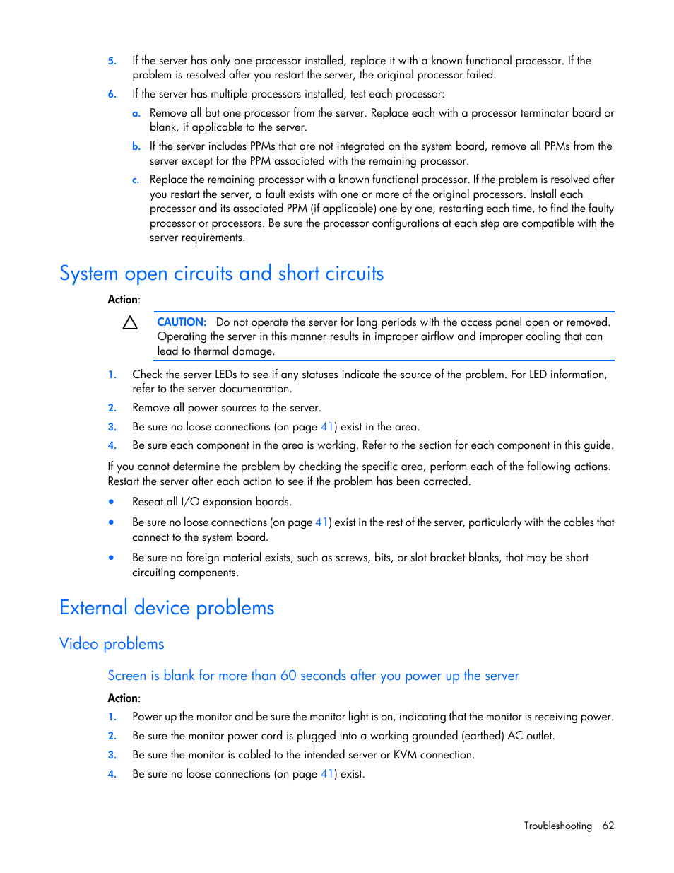 System open circuits and short circuits, External device problems, Video problems | HP ProLiant MicroServer User Manual | Page 62 / 94