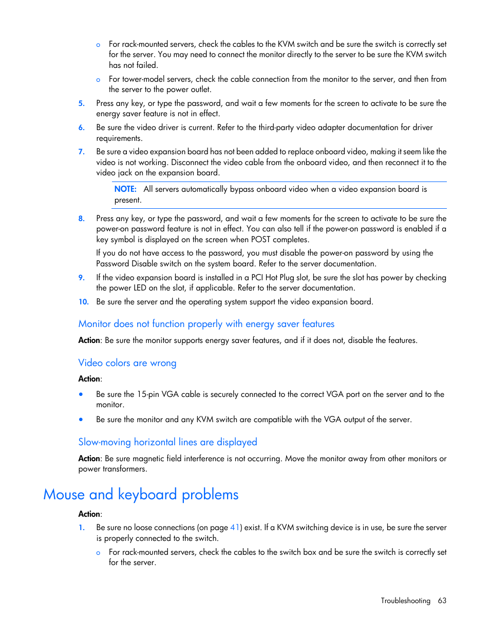 Video colors are wrong, Slow-moving horizontal lines are displayed, Mouse and keyboard problems | HP ProLiant MicroServer User Manual | Page 63 / 94