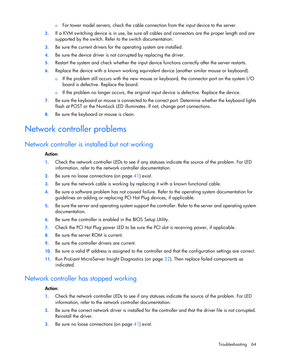 Network controller problems, Network controller is installed but not working, Network controller has stopped working | HP ProLiant MicroServer User Manual | Page 64 / 94