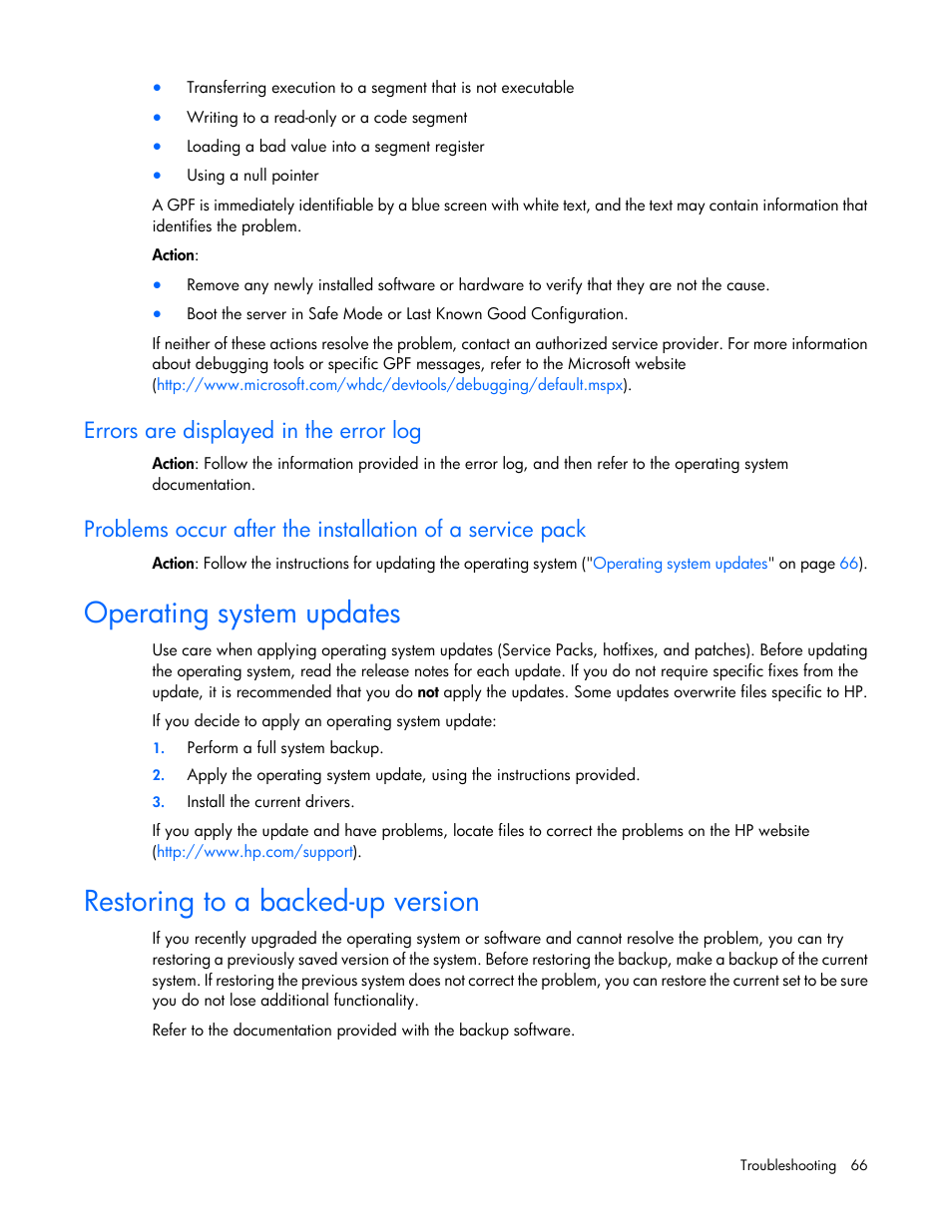 Errors are displayed in the error log, Operating system updates, Restoring to a backed-up version | HP ProLiant MicroServer User Manual | Page 66 / 94