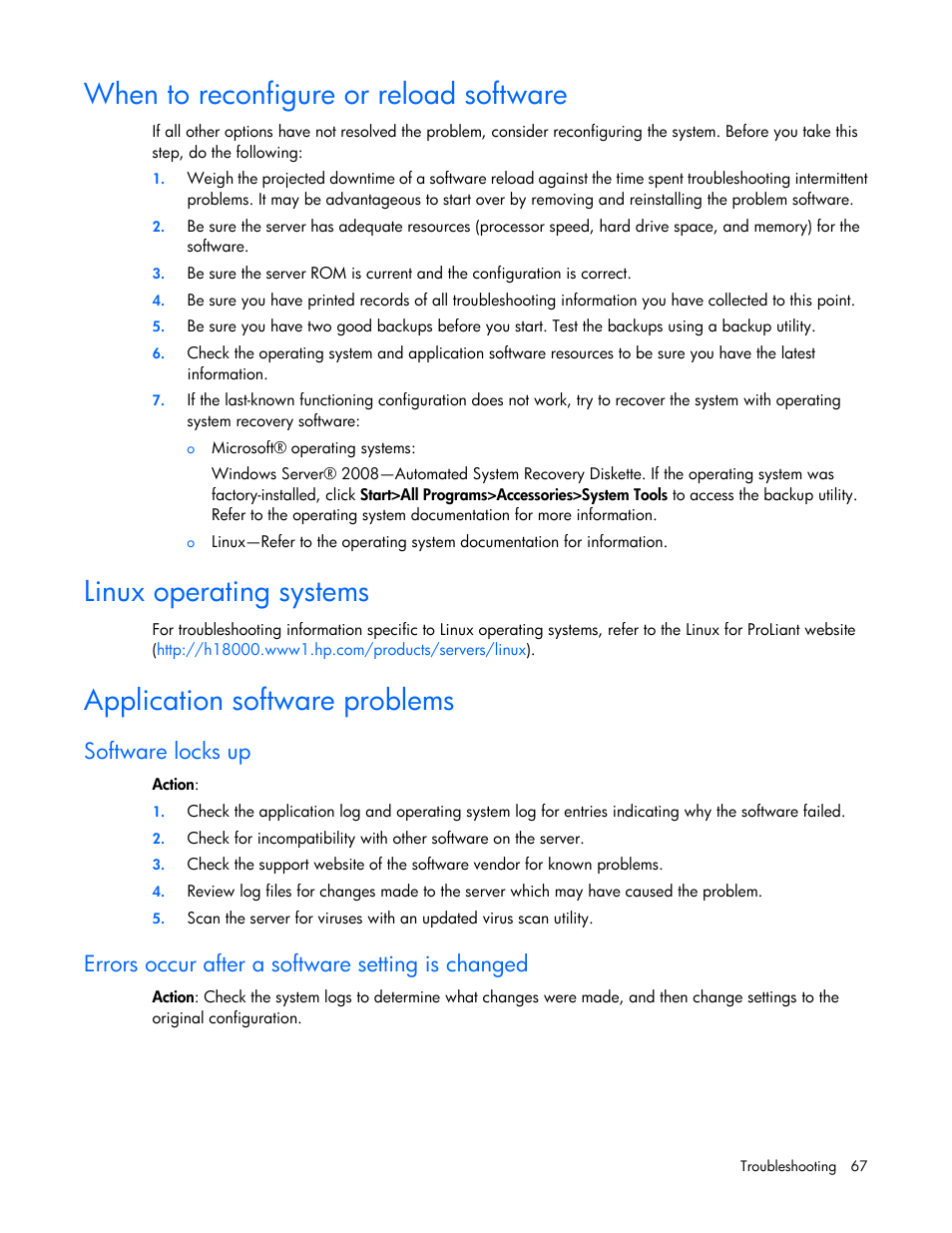 When to reconfigure or reload software, Linux operating systems, Application software problems | Software locks up, Errors occur after a software setting is changed | HP ProLiant MicroServer User Manual | Page 67 / 94