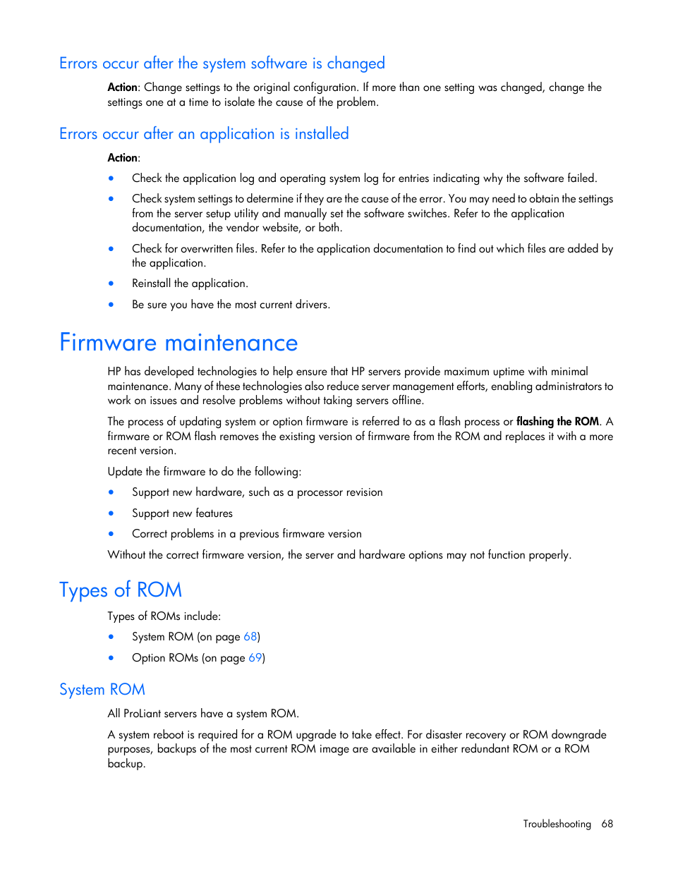 Errors occur after the system software is changed, Errors occur after an application is installed, Firmware maintenance | Types of rom, System rom | HP ProLiant MicroServer User Manual | Page 68 / 94