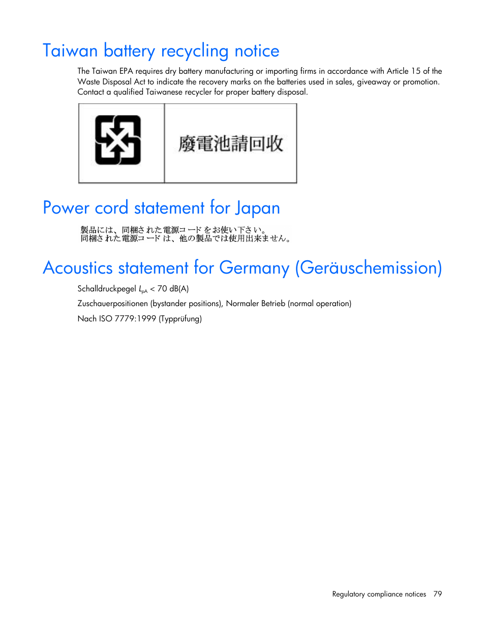 Taiwan battery recycling notice, Power cord statement for japan, Acoustics statement for germany (geräuschemission) | HP ProLiant MicroServer User Manual | Page 79 / 94