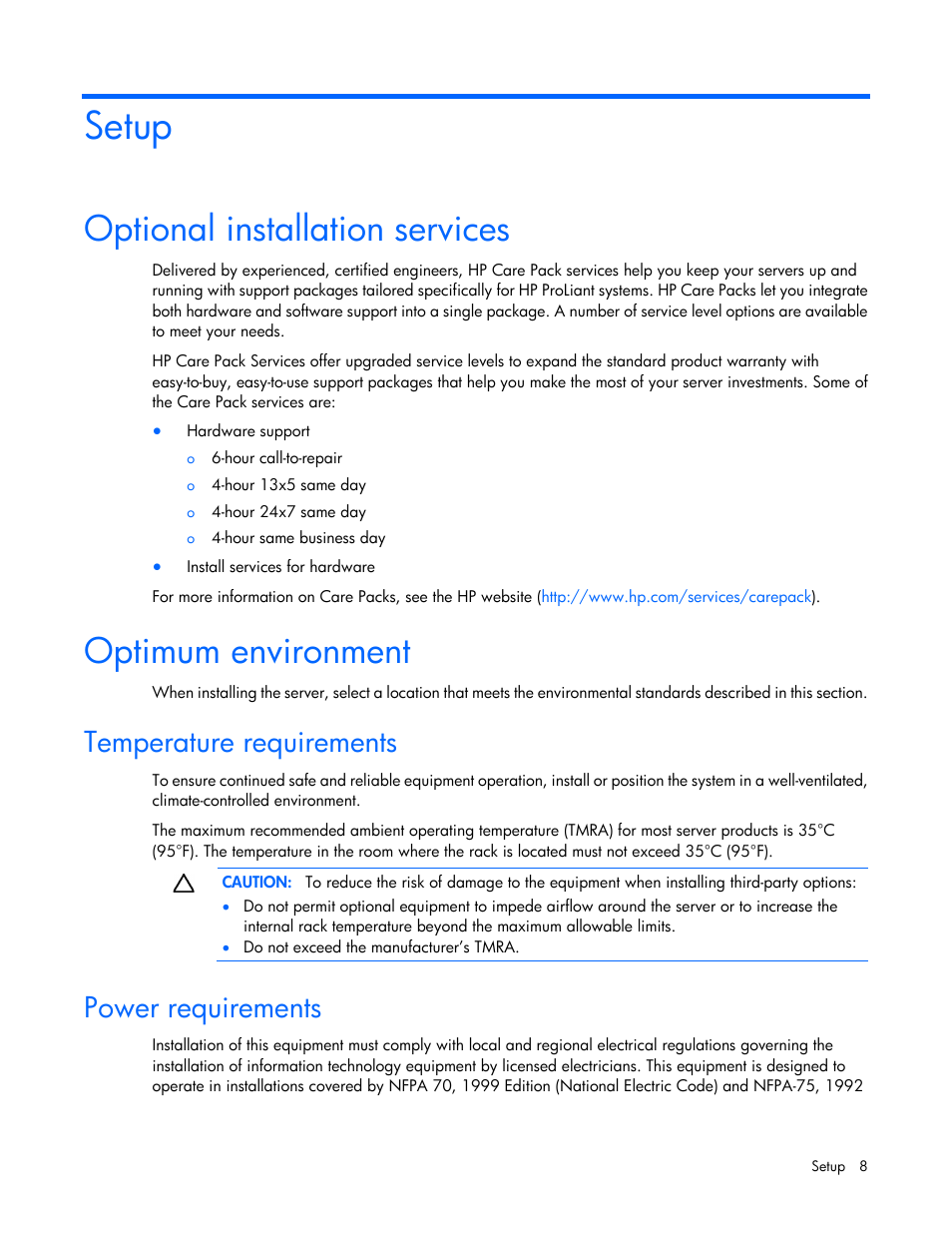 Setup, Optional installation services, Optimum environment | Temperature requirements, Power requirements | HP ProLiant MicroServer User Manual | Page 8 / 94