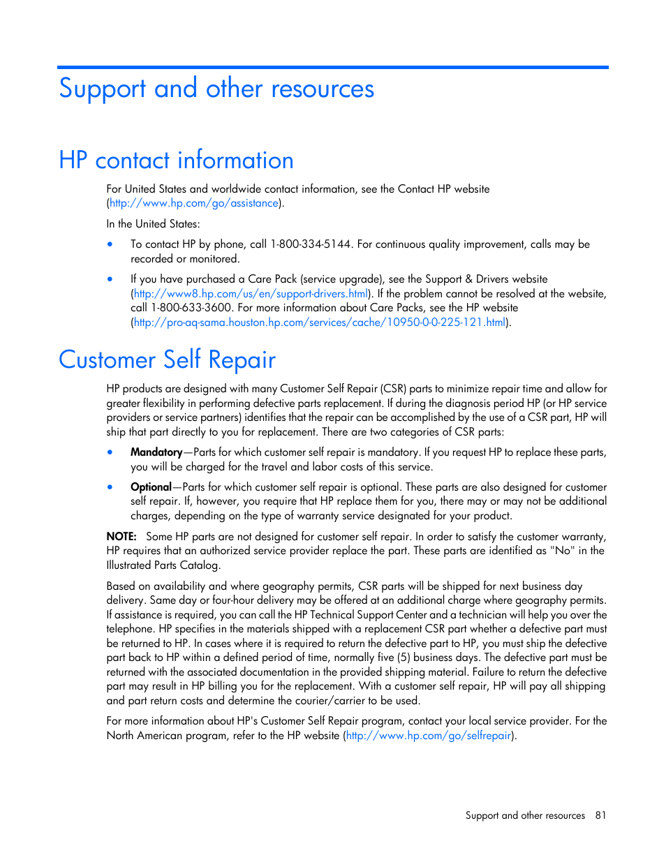 Support and other resources, Hp contact information, Customer self repair | Contact information | HP ProLiant MicroServer User Manual | Page 81 / 94