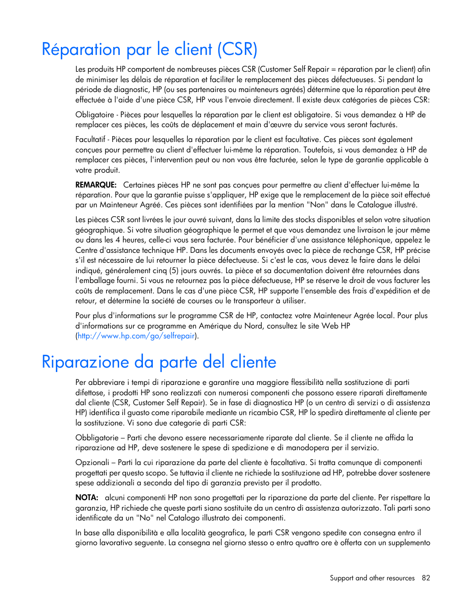 Réparation par le client (csr), Riparazione da parte del cliente | HP ProLiant MicroServer User Manual | Page 82 / 94