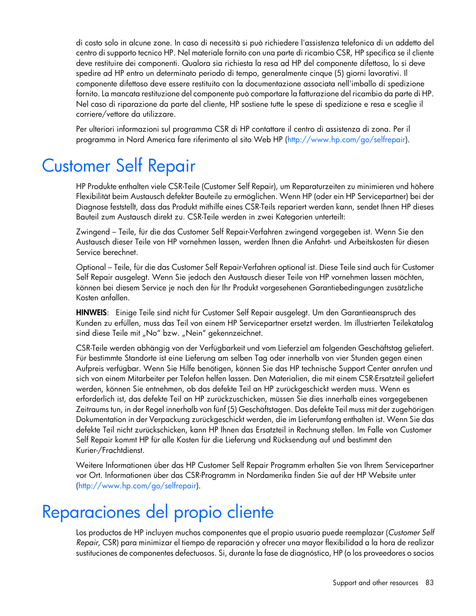 Customer self repair, Reparaciones del propio cliente | HP ProLiant MicroServer User Manual | Page 83 / 94