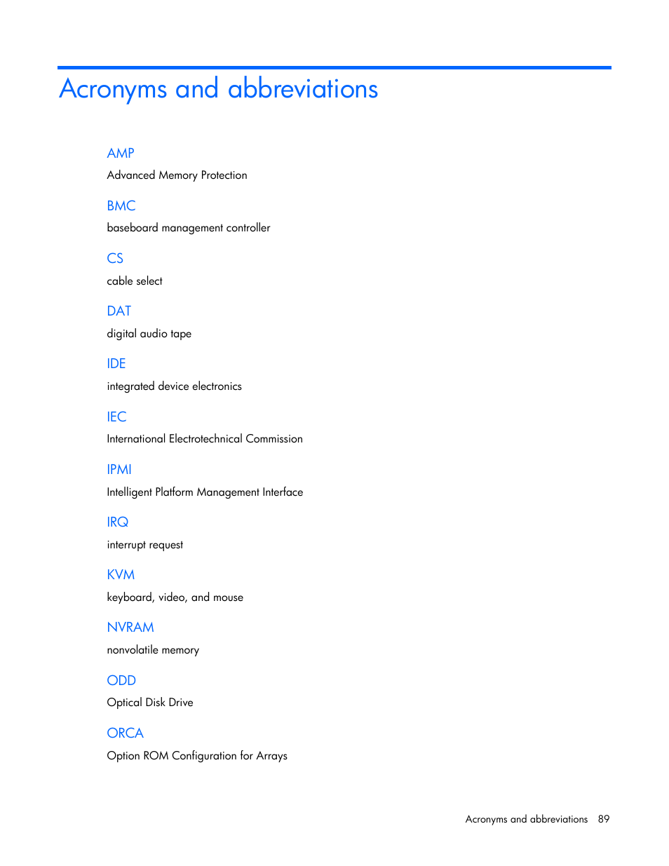 Acronyms and abbreviations | HP ProLiant MicroServer User Manual | Page 89 / 94