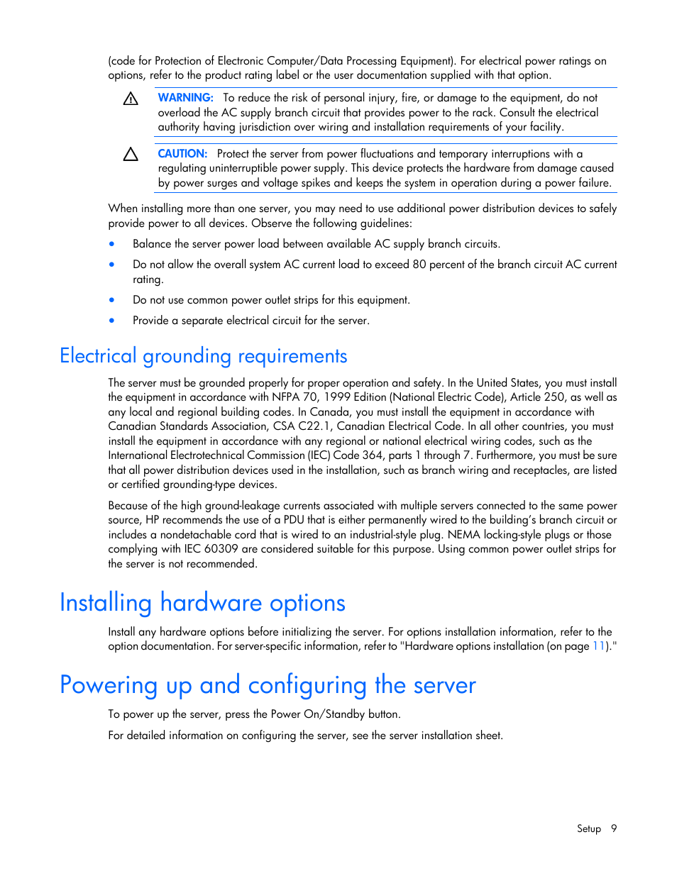 Electrical grounding requirements, Installing hardware options, Powering up and configuring the server | HP ProLiant MicroServer User Manual | Page 9 / 94