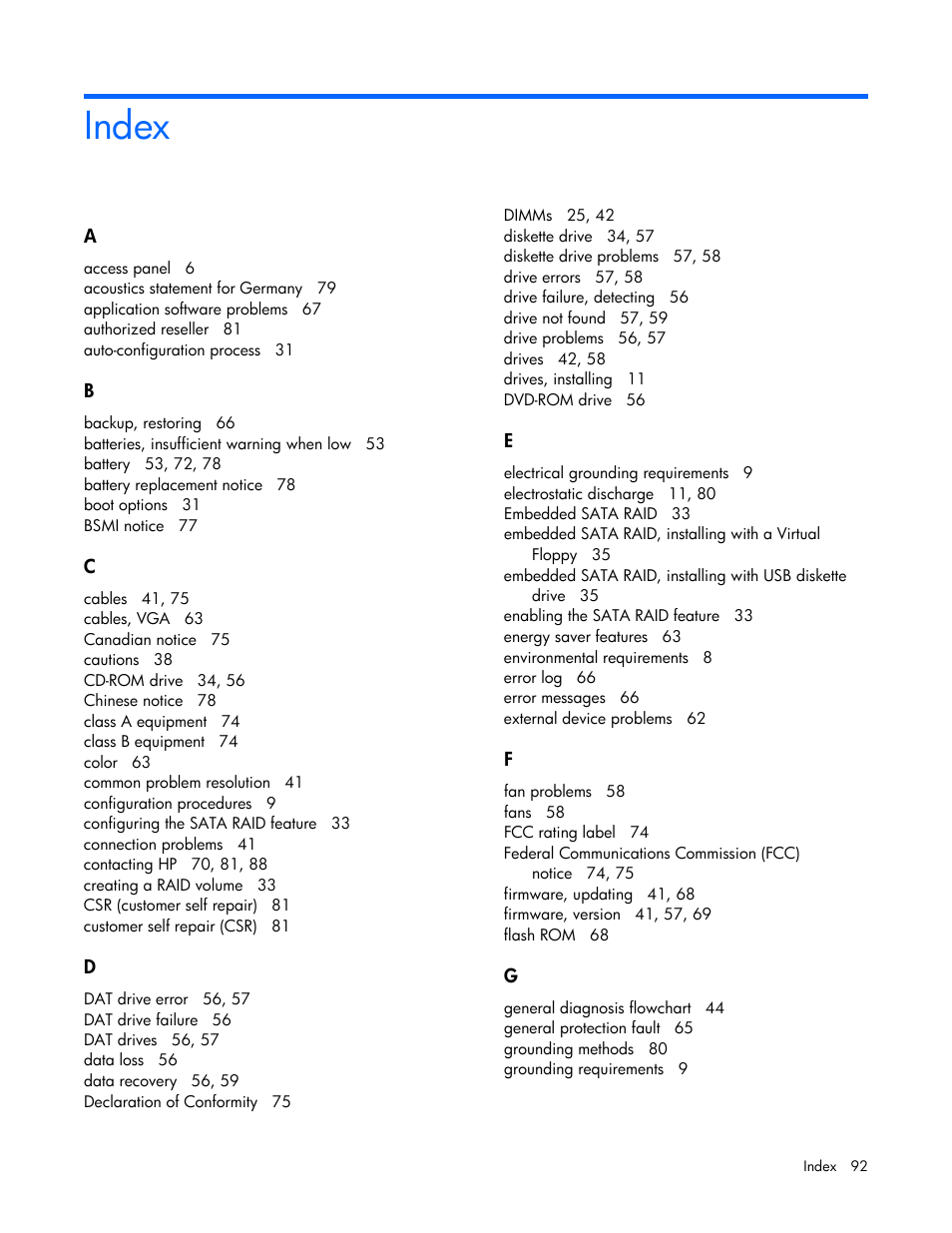 Index | HP ProLiant MicroServer User Manual | Page 92 / 94