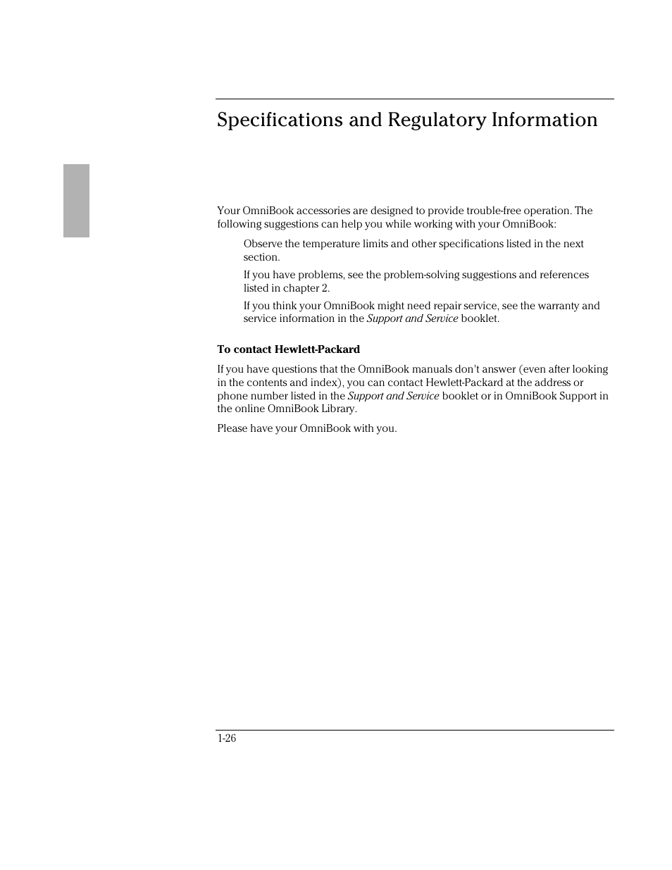 Specifications and regulatory information | HP OmniBook 5500 Notebook PC User Manual | Page 26 / 32