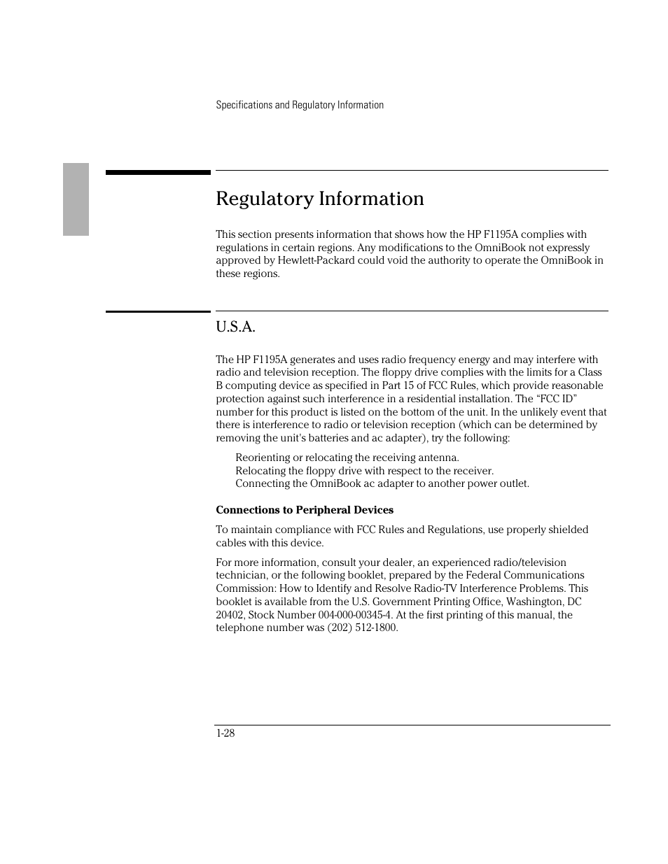 Regulatory information, U.s.a | HP OmniBook 5500 Notebook PC User Manual | Page 28 / 32