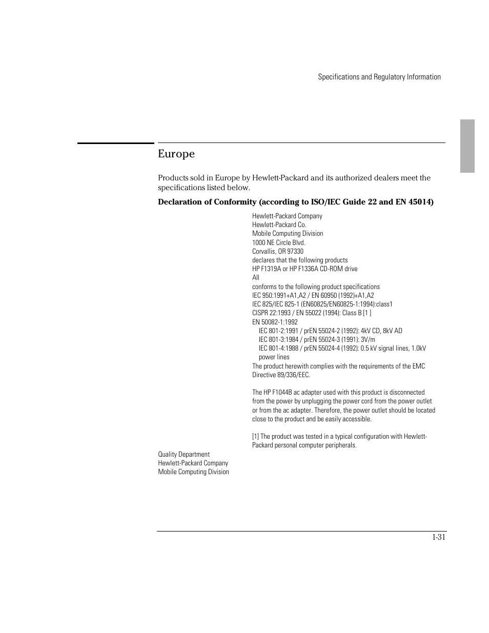 Europe | HP OmniBook 5500 Notebook PC User Manual | Page 31 / 32