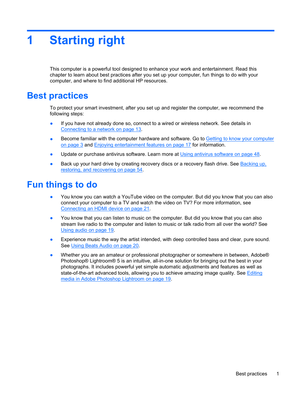 Starting right, Best practices, Fun things to do | 1 starting right, Best practices fun things to do, 1starting right | HP Spectre 13 Pro-Notebook PC User Manual | Page 11 / 80