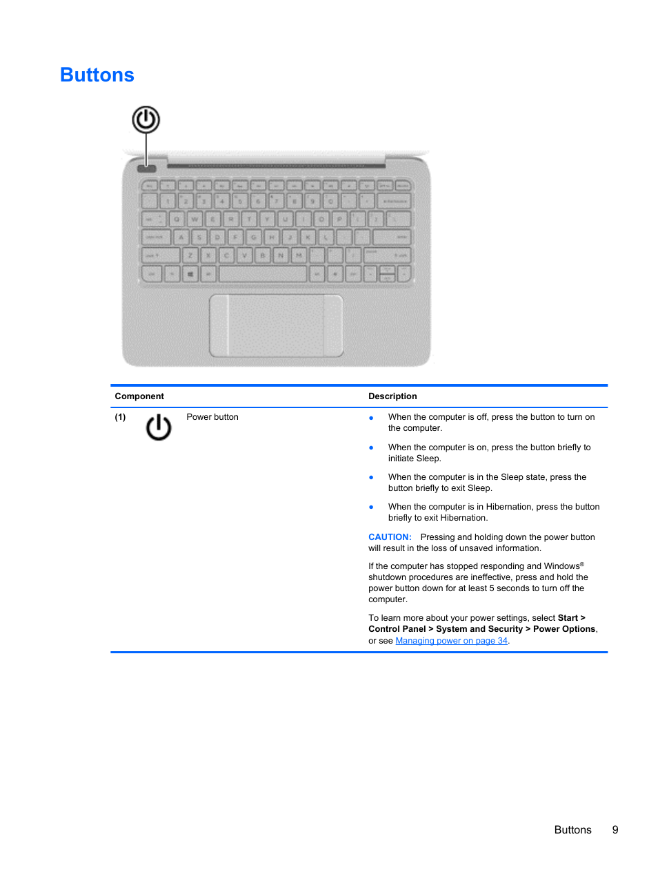 Buttons | HP Spectre 13 Pro-Notebook PC User Manual | Page 19 / 80