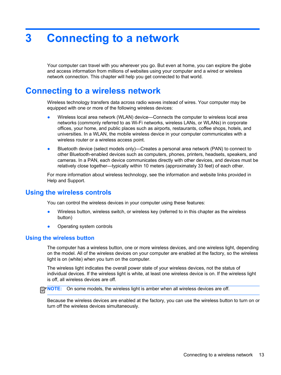 Connecting to a network, Connecting to a wireless network, Using the wireless controls | Using the wireless button, 3 connecting to a network, 3connecting to a network | HP Spectre 13 Pro-Notebook PC User Manual | Page 23 / 80