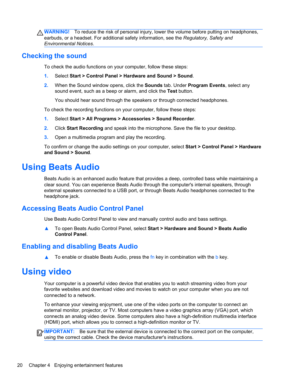 Checking the sound, Using beats audio, Accessing beats audio control panel | Enabling and disabling beats audio, Using video | HP Spectre 13 Pro-Notebook PC User Manual | Page 30 / 80