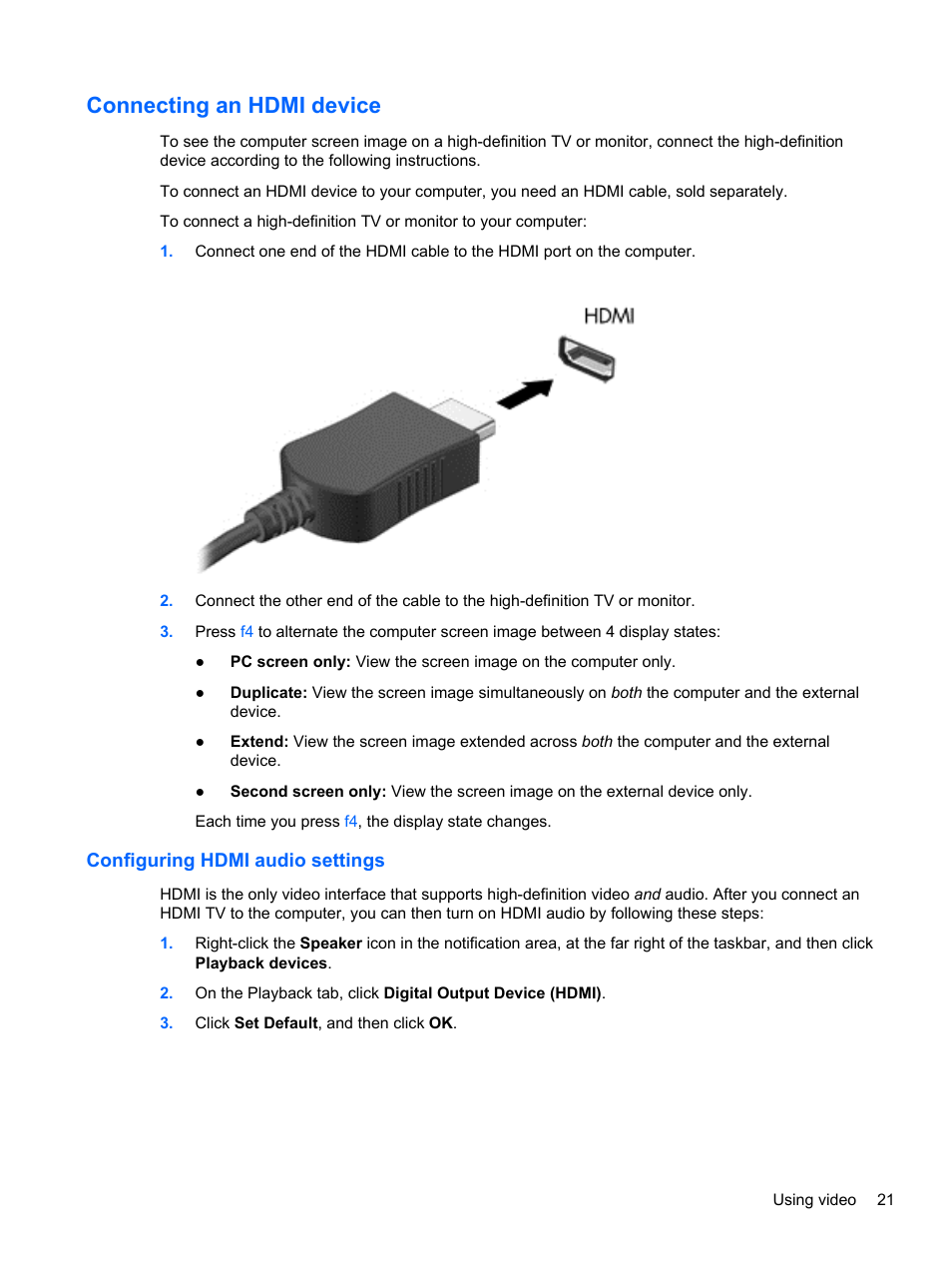 Connecting an hdmi device, Configuring hdmi audio settings | HP Spectre 13 Pro-Notebook PC User Manual | Page 31 / 80