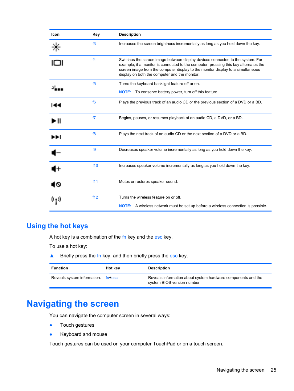 Using the hot keys, Navigating the screen | HP Spectre 13 Pro-Notebook PC User Manual | Page 35 / 80