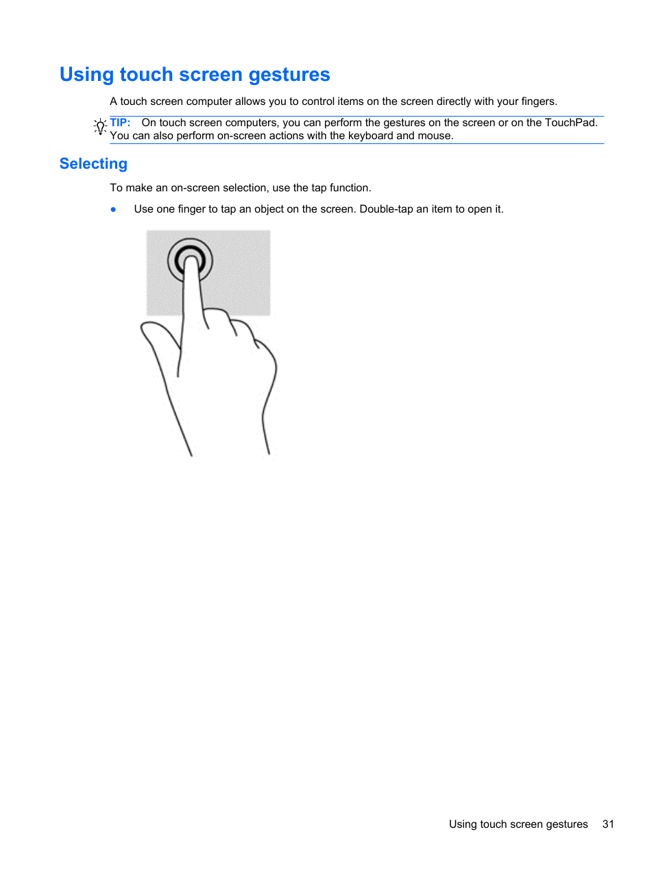 Using touch screen gestures, Selecting | HP Spectre 13 Pro-Notebook PC User Manual | Page 41 / 80