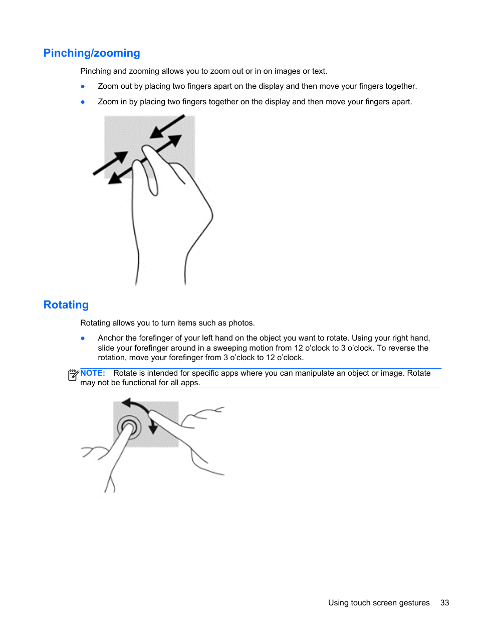 Pinching/zooming, Rotating, Pinching/zooming rotating | HP Spectre 13 Pro-Notebook PC User Manual | Page 43 / 80