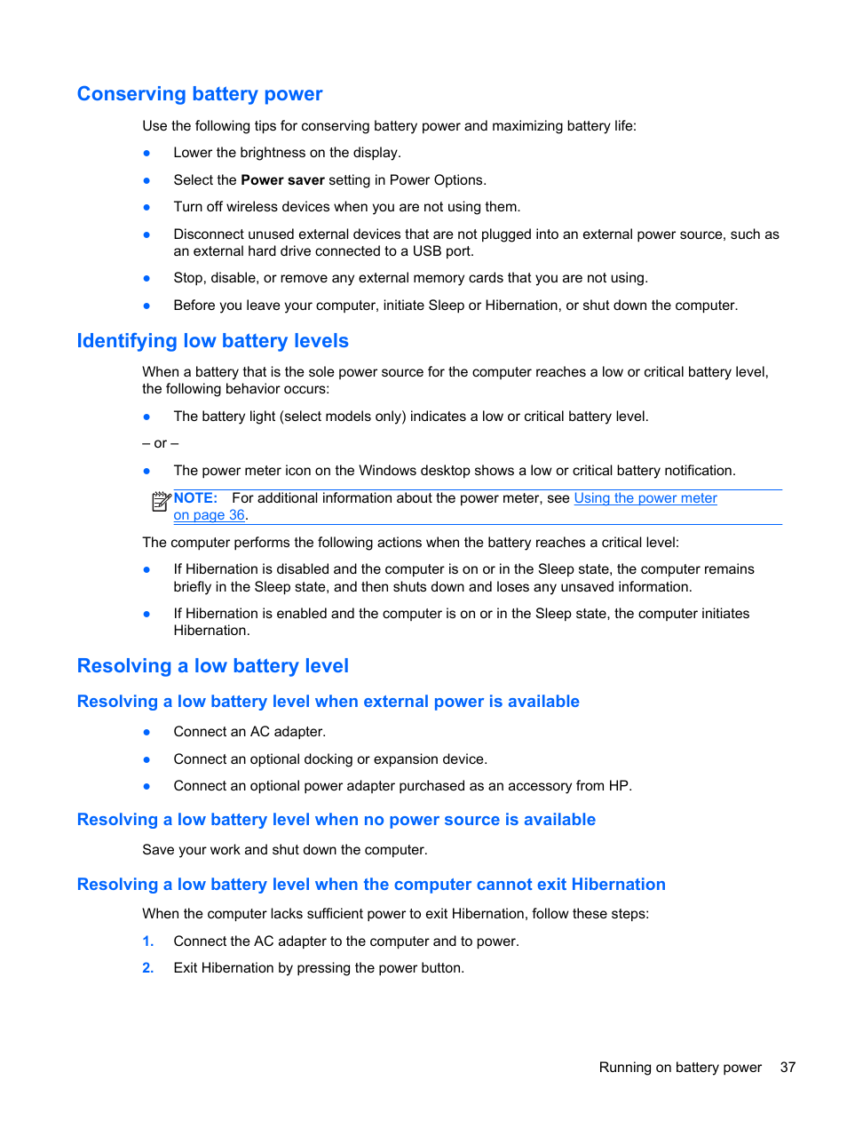 Conserving battery power, Identifying low battery levels, Resolving a low battery level | HP Spectre 13 Pro-Notebook PC User Manual | Page 47 / 80