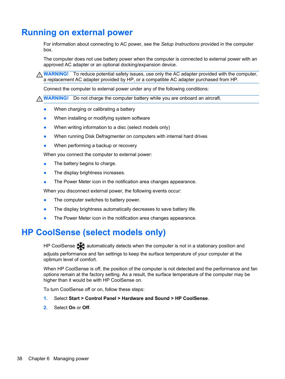 Running on external power, Hp coolsense (select models only) | HP Spectre 13 Pro-Notebook PC User Manual | Page 48 / 80
