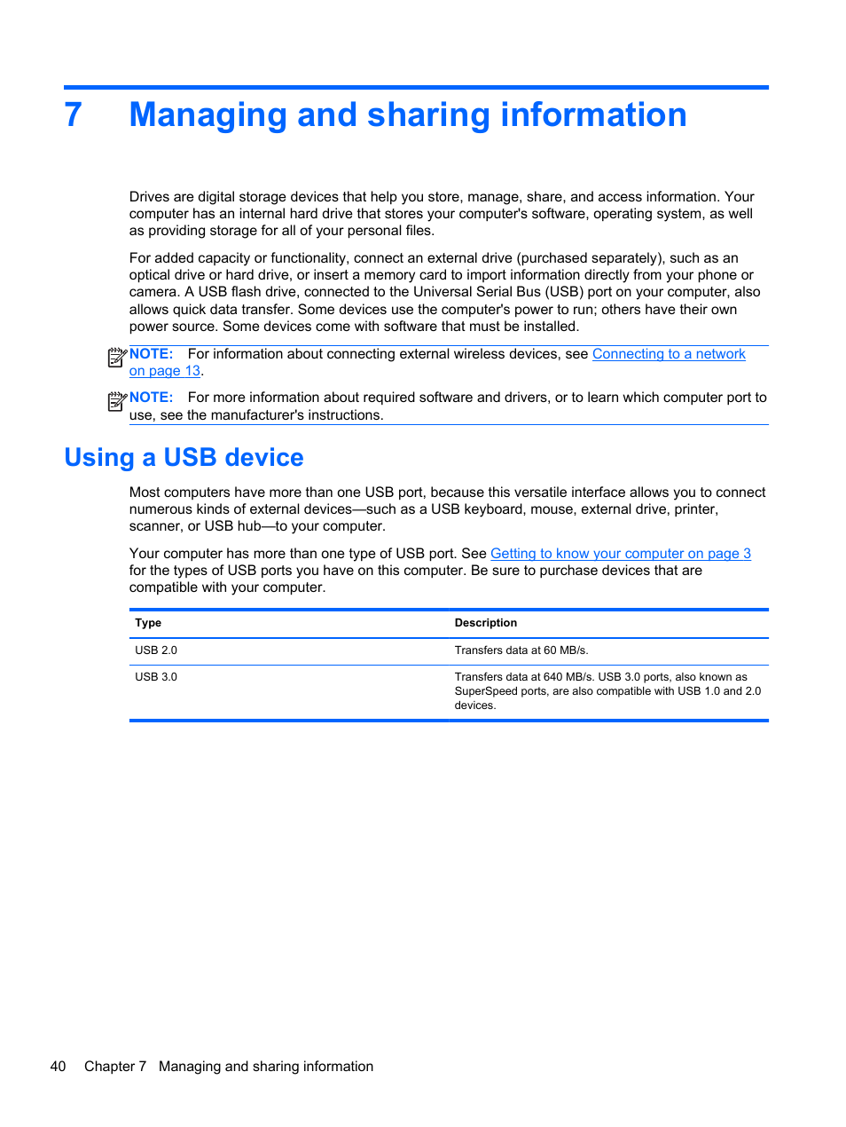 Managing and sharing information, Using a usb device, 7 managing and sharing information | 7managing and sharing information | HP Spectre 13 Pro-Notebook PC User Manual | Page 50 / 80