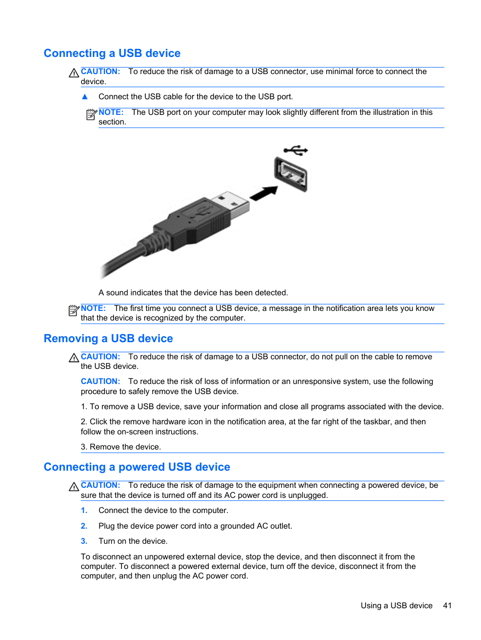 Connecting a usb device, Removing a usb device, Connecting a powered usb device | HP Spectre 13 Pro-Notebook PC User Manual | Page 51 / 80