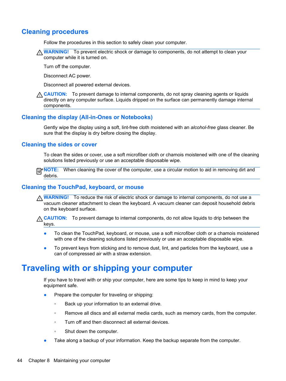 Cleaning procedures, Cleaning the display (all-in-ones or notebooks), Cleaning the sides or cover | Cleaning the touchpad, keyboard, or mouse, Traveling with or shipping your computer | HP Spectre 13 Pro-Notebook PC User Manual | Page 54 / 80