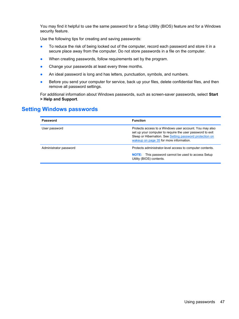 Setting windows passwords | HP Spectre 13 Pro-Notebook PC User Manual | Page 57 / 80
