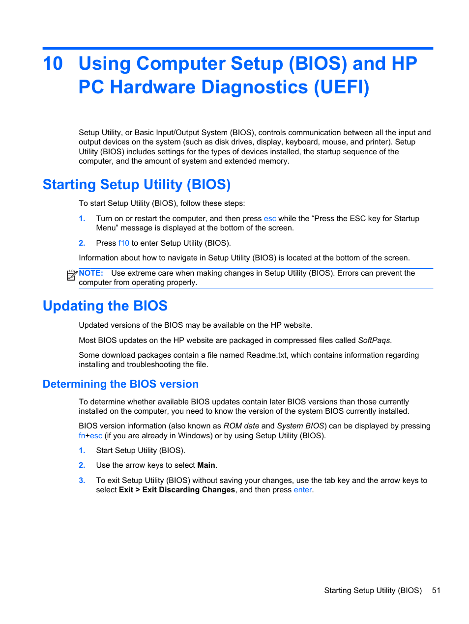 Starting setup utility (bios), Updating the bios, Determining the bios version | Starting setup utility (bios) updating the bios | HP Spectre 13 Pro-Notebook PC User Manual | Page 61 / 80