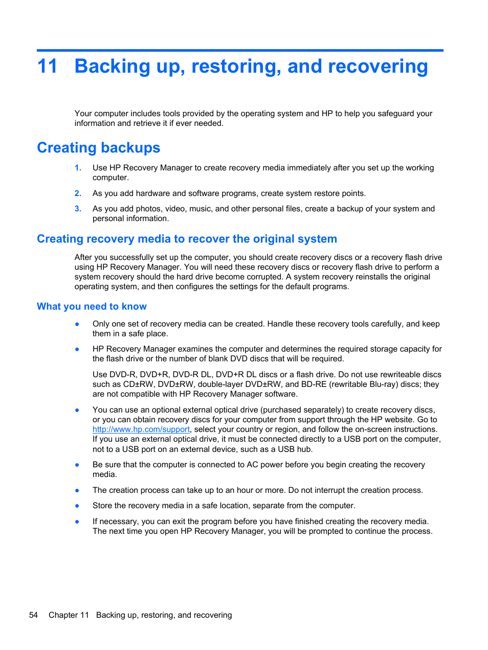 Backing up, restoring, and recovering, Creating backups, What you need to know | 11 backing up, restoring, and recovering, Backing up | HP Spectre 13 Pro-Notebook PC User Manual | Page 64 / 80
