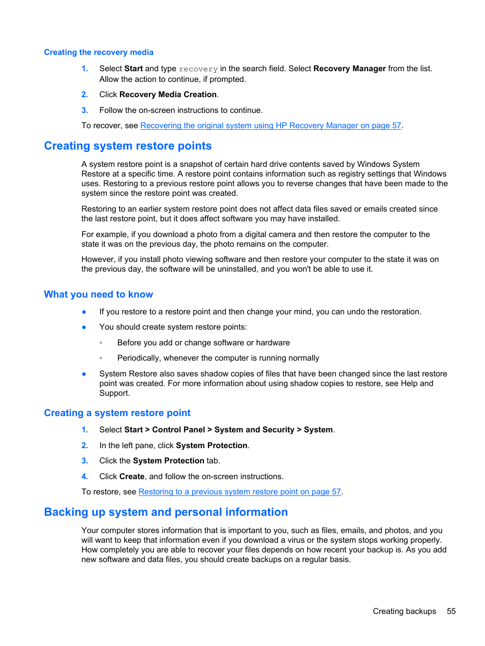 Creating the recovery media, Creating system restore points, What you need to know | Creating a system restore point, Backing up system and personal information | HP Spectre 13 Pro-Notebook PC User Manual | Page 65 / 80