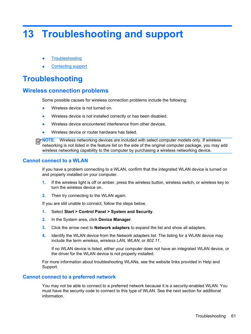 Troubleshooting and support, Troubleshooting, Wireless connection problems | Cannot connect to a wlan, Cannot connect to a preferred network, 13 troubleshooting and support | HP Spectre 13 Pro-Notebook PC User Manual | Page 71 / 80