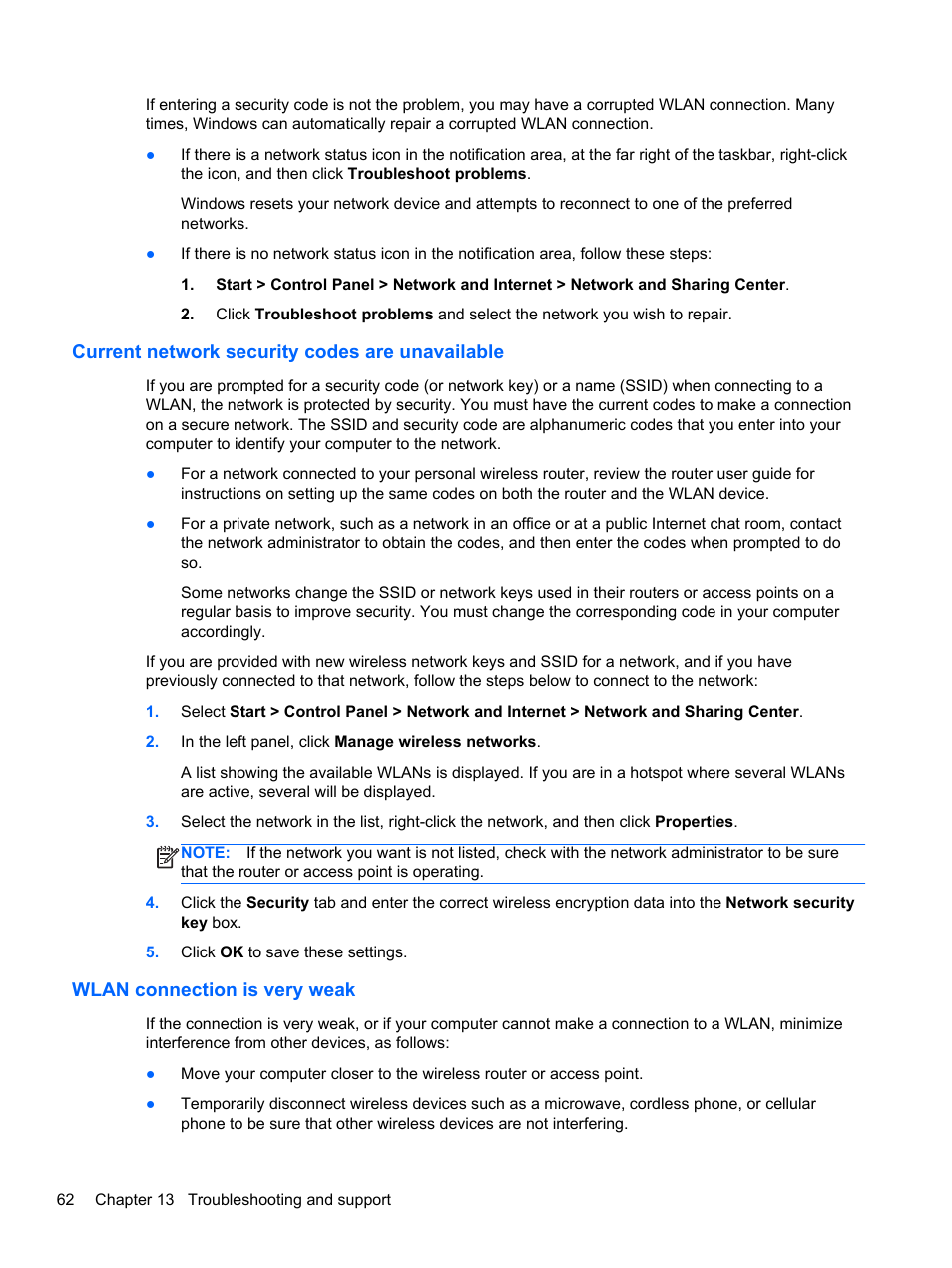Current network security codes are unavailable, Wlan connection is very weak | HP Spectre 13 Pro-Notebook PC User Manual | Page 72 / 80