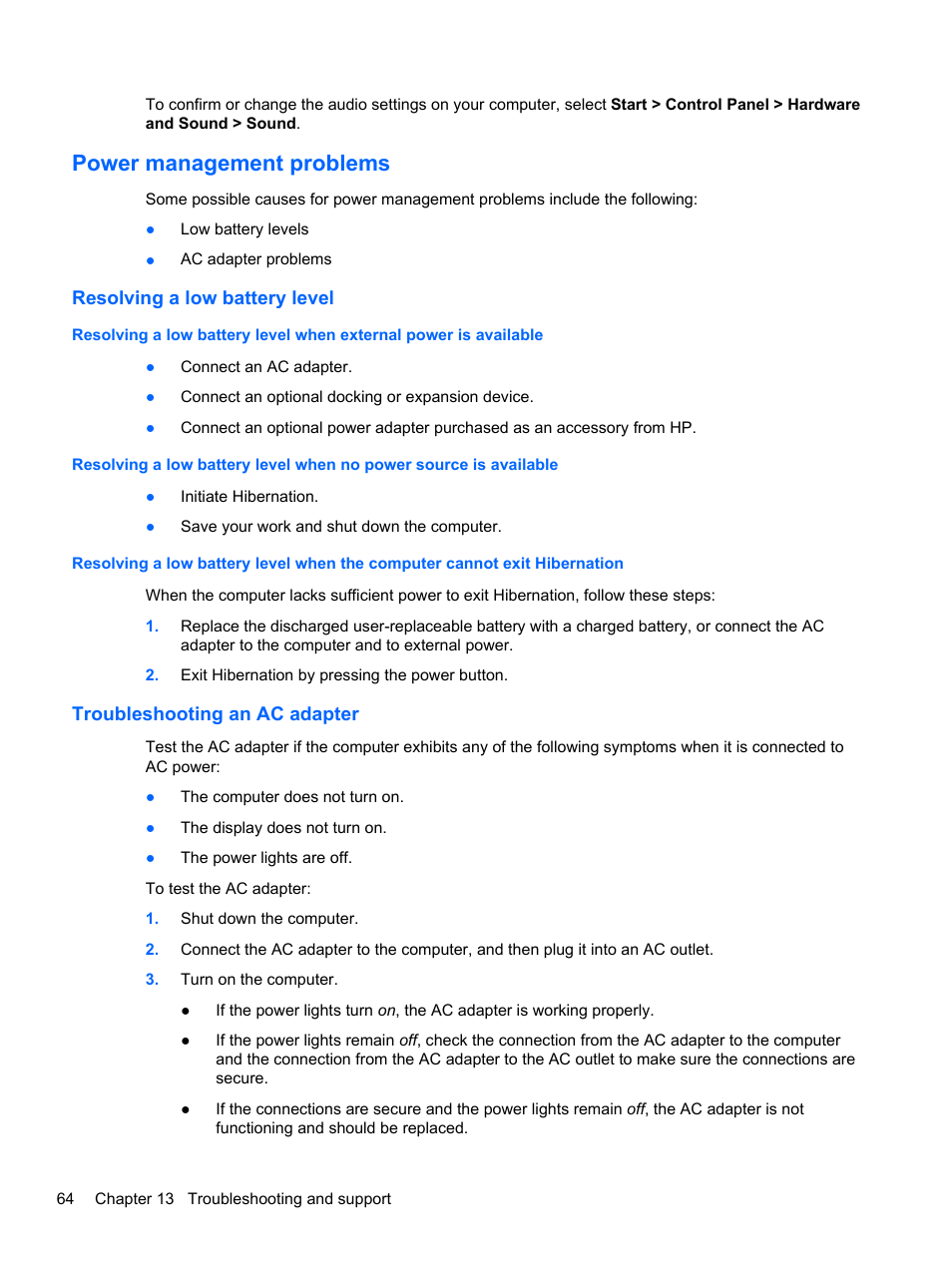 Power management problems, Resolving a low battery level, Troubleshooting an ac adapter | HP Spectre 13 Pro-Notebook PC User Manual | Page 74 / 80