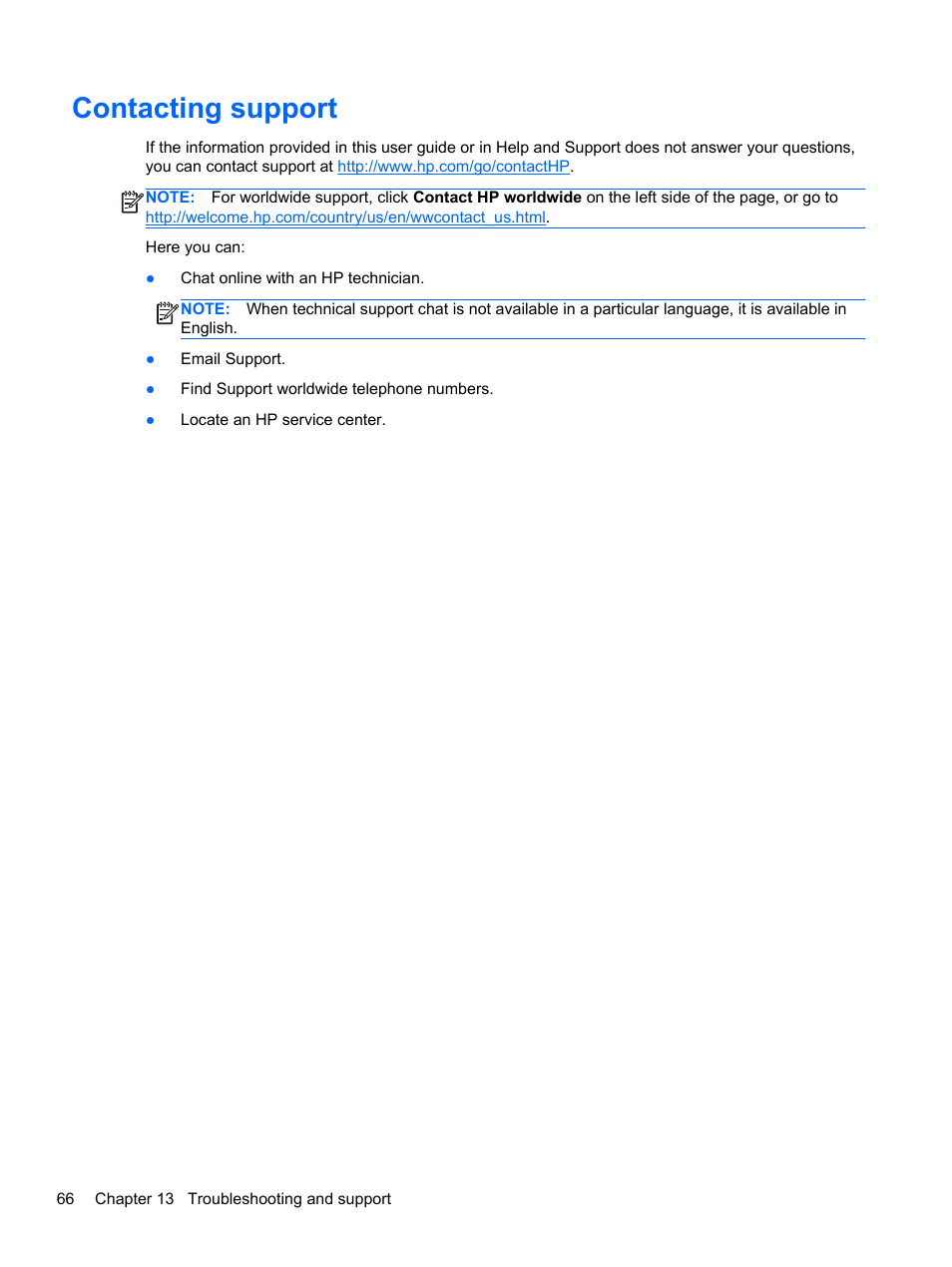 Contacting support | HP Spectre 13 Pro-Notebook PC User Manual | Page 76 / 80
