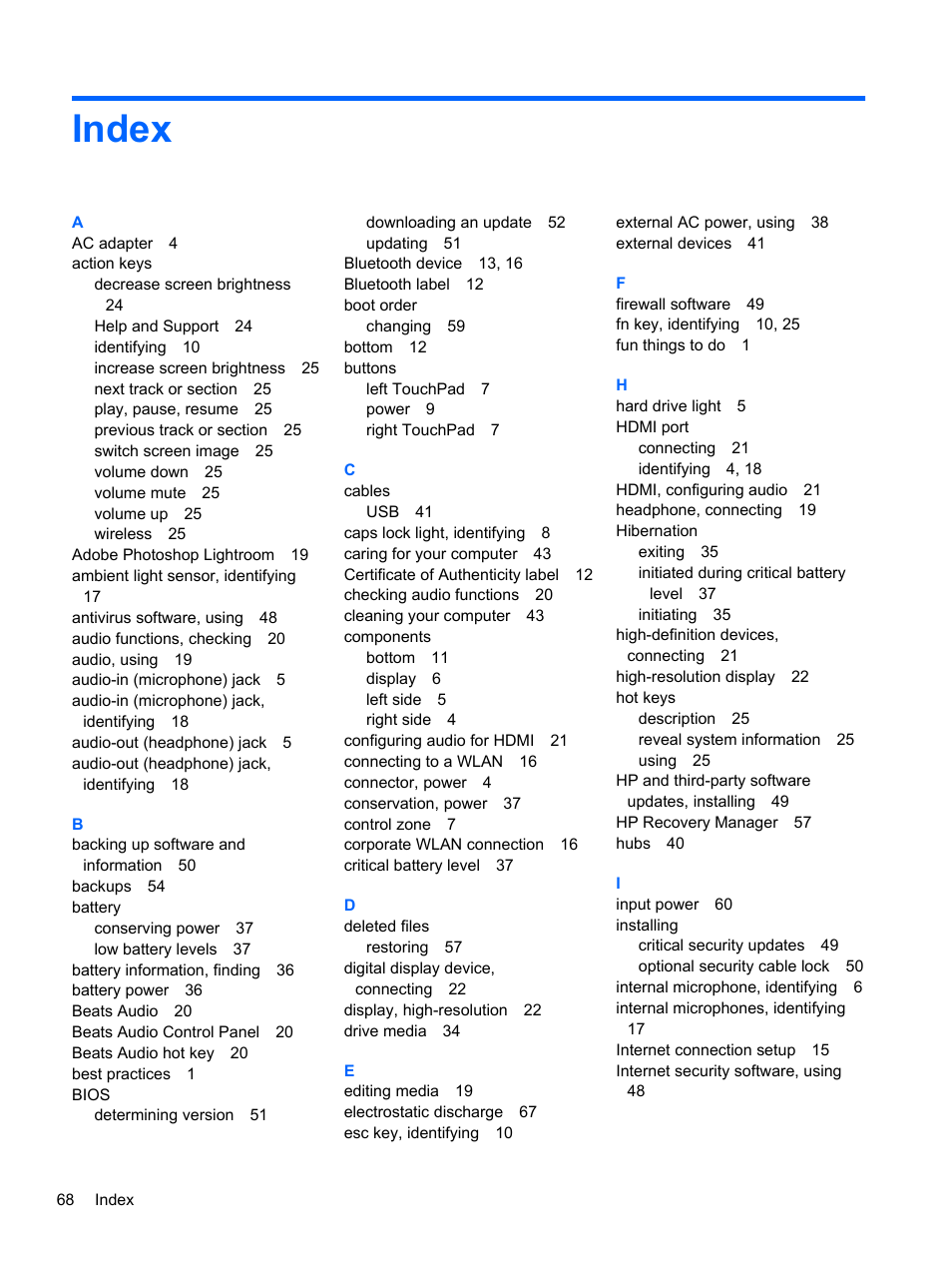 Index | HP Spectre 13 Pro-Notebook PC User Manual | Page 78 / 80