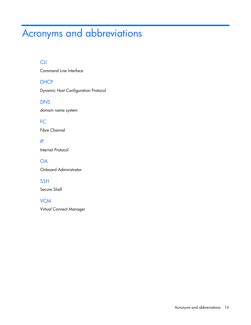 Acronyms and abbreviations | HP 1.10GB Virtual Connect Ethernet Module for c-Class BladeSystem User Manual | Page 14 / 14