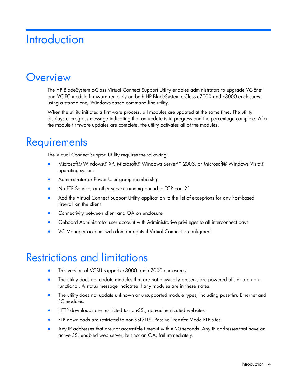 Introduction, Overview, Requirements | Restrictions and limitations | HP 1.10GB Virtual Connect Ethernet Module for c-Class BladeSystem User Manual | Page 4 / 14