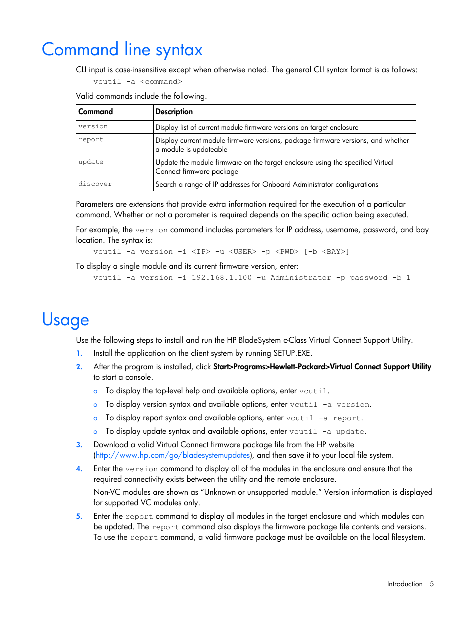 Command line syntax, Usage | HP 1.10GB Virtual Connect Ethernet Module for c-Class BladeSystem User Manual | Page 5 / 14