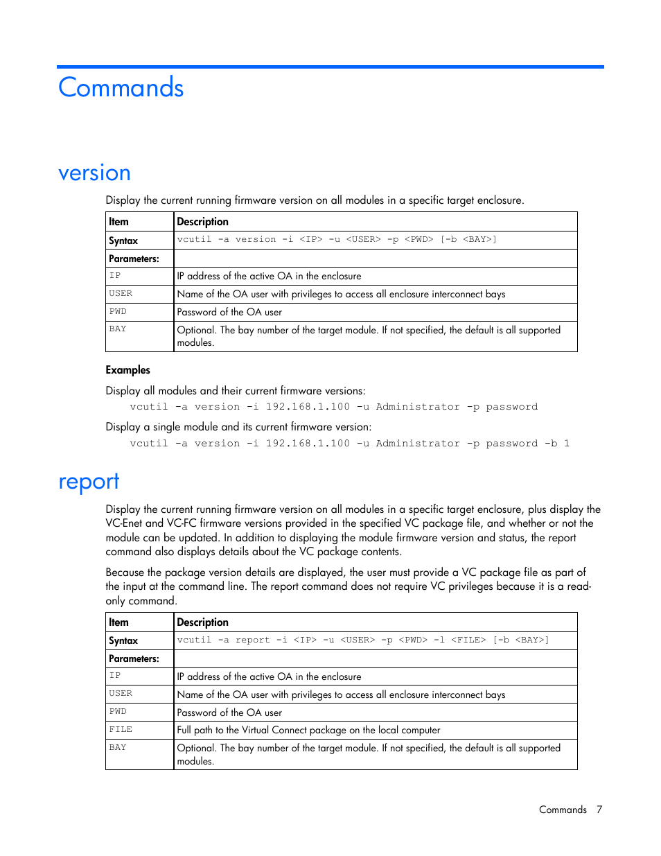 Commands, Version, Report | HP 1.10GB Virtual Connect Ethernet Module for c-Class BladeSystem User Manual | Page 7 / 14