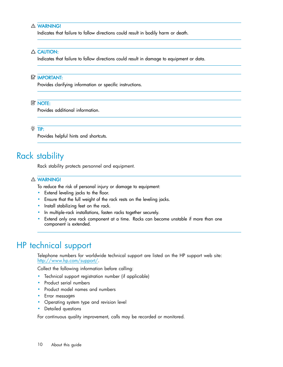 Rack stability, Hp technical support | HP StorageWorks 2500 Disk System User Manual | Page 10 / 89